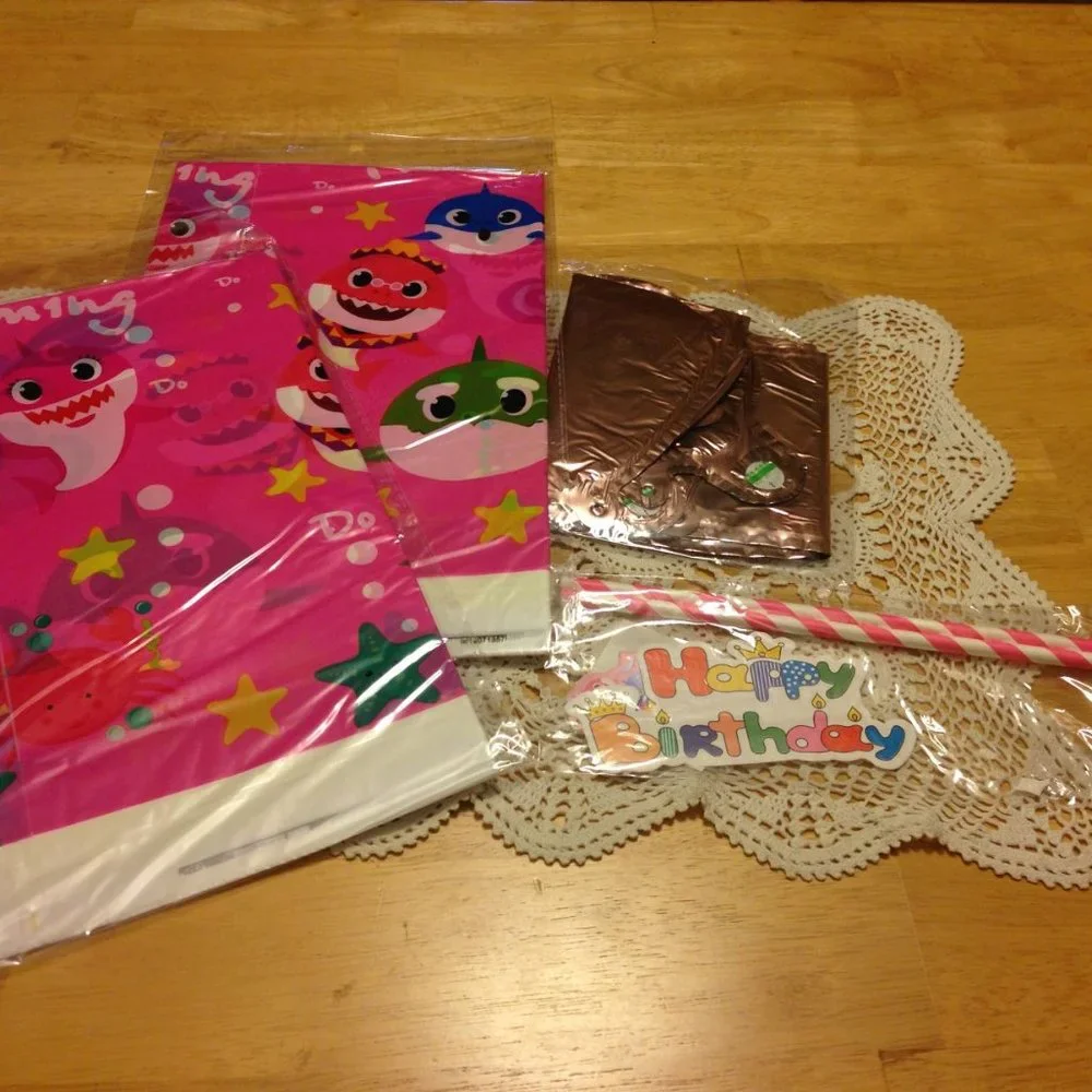 Large birthday party set, cute sharks, enough for at least 10-12